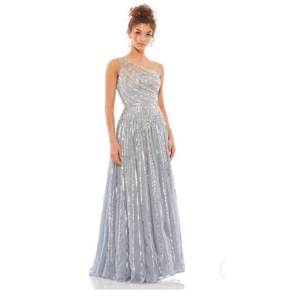 Mac Duggal Embellished One Shoulder A-Line Gown 6 5220 Silver - Picture 1 of 9